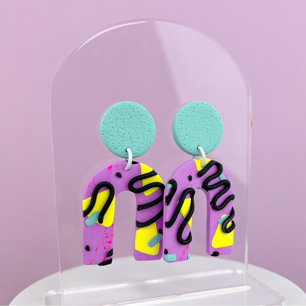 80s Memphis Style Pattern Polymer Clay Dangle Earrings Handmade Funky Re… - Picture 4 of 10